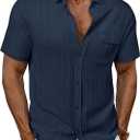 PJ PAUL JONES Men's Casual Button Down Shirt Textured Short Sleeve Summer Shirt with Pocket (S, Navy Blue)