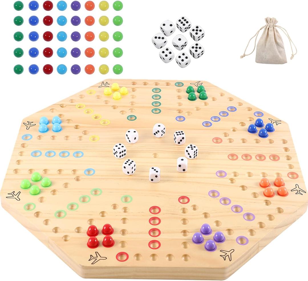 HOROW Wahoo Board Game Wooden Original Board Game Classic 2 Side Painted Fast Track Game for 6 Player and 8 Player with 32 Marbles,8 Dices for Family Game Night(8-Player,Log), Medium