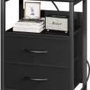 Yoobure Nightstand with Charging Station, Small Night Stand with Fabric Drawers and Storage Shelf for Bedrooms, Nightstands for Small Spaces, Bedside Table with USB Ports & Outlets Bed Side Table (Black)
