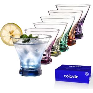 ColoVie Martini Glasses Set of 6  Cocktail Glasses  8oz Stemless Margarita, Bar, Dessert Glass  Colored Liquor Drinking Glassware  Cosmo, Manhattan, Espresso Martini  Cocktail Party Gift for Her
