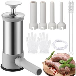 Sausage Stuffer Machine with 4 Stuffing Tubes Gloves Brushes Cotton Threads Meat Filling Homemade Manual Vertical Sausage Maker Tool Kit for Household Kitchen, 2.2 LBS Large Capacity