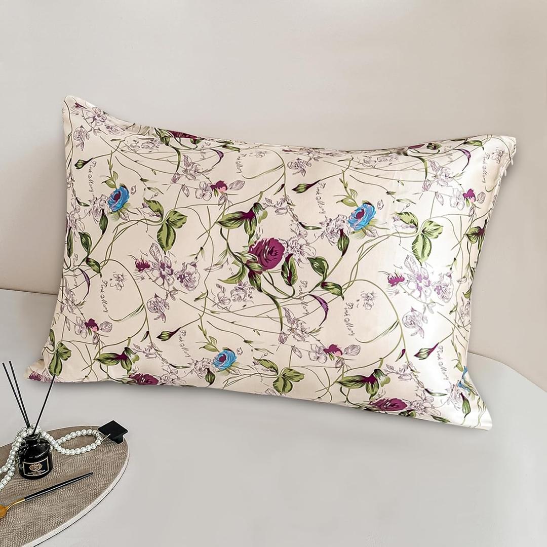 Floral Print Mulberry Silk Pillowcase with Zipper Closure Queen Size, Purple Flowers Silk Pillow Case for Hair and Face, Both Sides Natural Silk, Health and Soft, 1pc (20"x30",Pattern7)