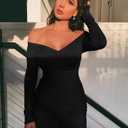 XXTAXN Women's Sexy Elegant Long Sleeve Off The Shoulder Ruched Mini Dress (Black, M)