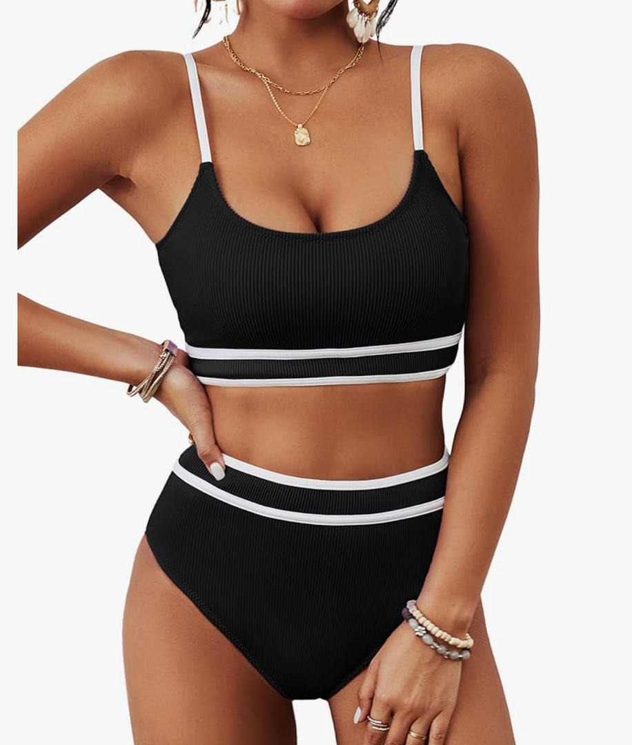 BMJL Women's High Waisted Bikini Ribbed Two Piece Swimsuit High Cut Color Block Adjustable Straps Bathing Suit M