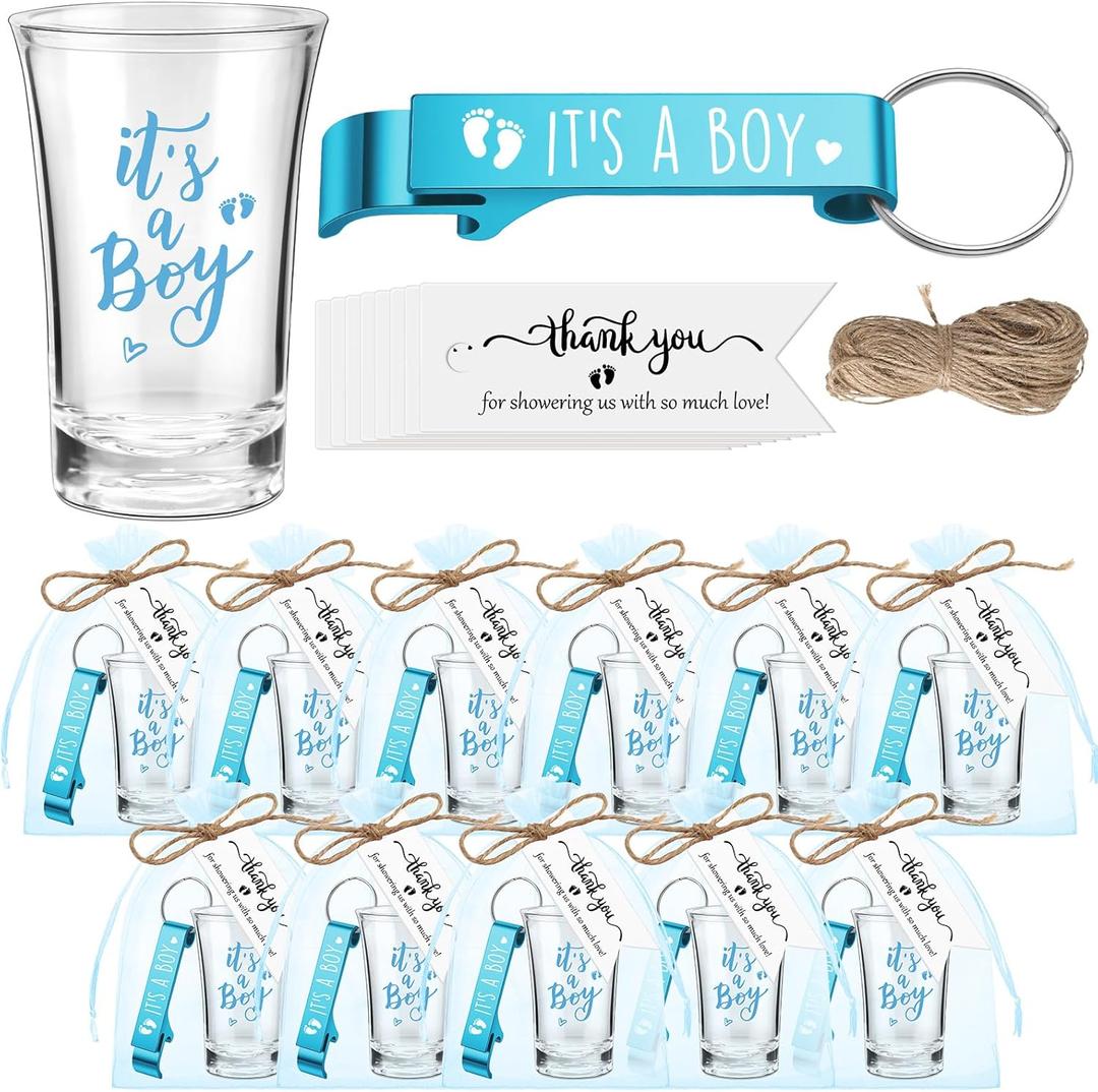 Blushtier 25 Sets Baby Shower Party Favor Shot Glasses Cute Bottle Opener Keychains Thank You Tags and Bags Baby Shower Favors Gender Reveal Party Guests Return Gift(Boy)
