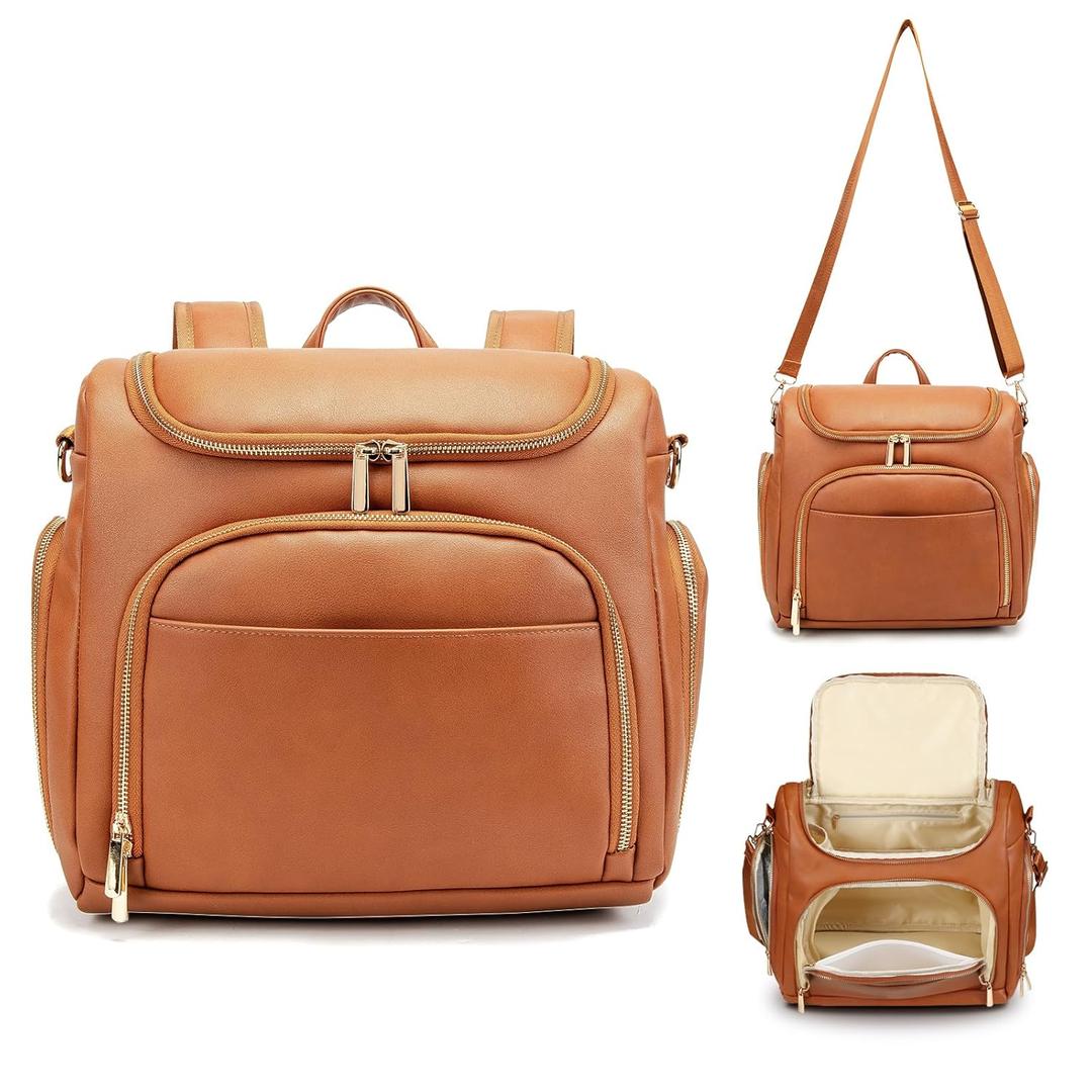 Leather Diaper Bag Backpack with Changing Pad - Multi-Function Large Capacity Baby Bag with Adjustable Shoulder Strap & Stroller Straps (Brown)