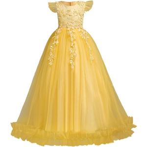 IBTOM CASTLE Flower Girls Dress Bridesmaid Wedding Pageant Party Princess Communion Floral Boho Vintage Lace Dance Maxi Gown for Kids Yellow 7-8 Years