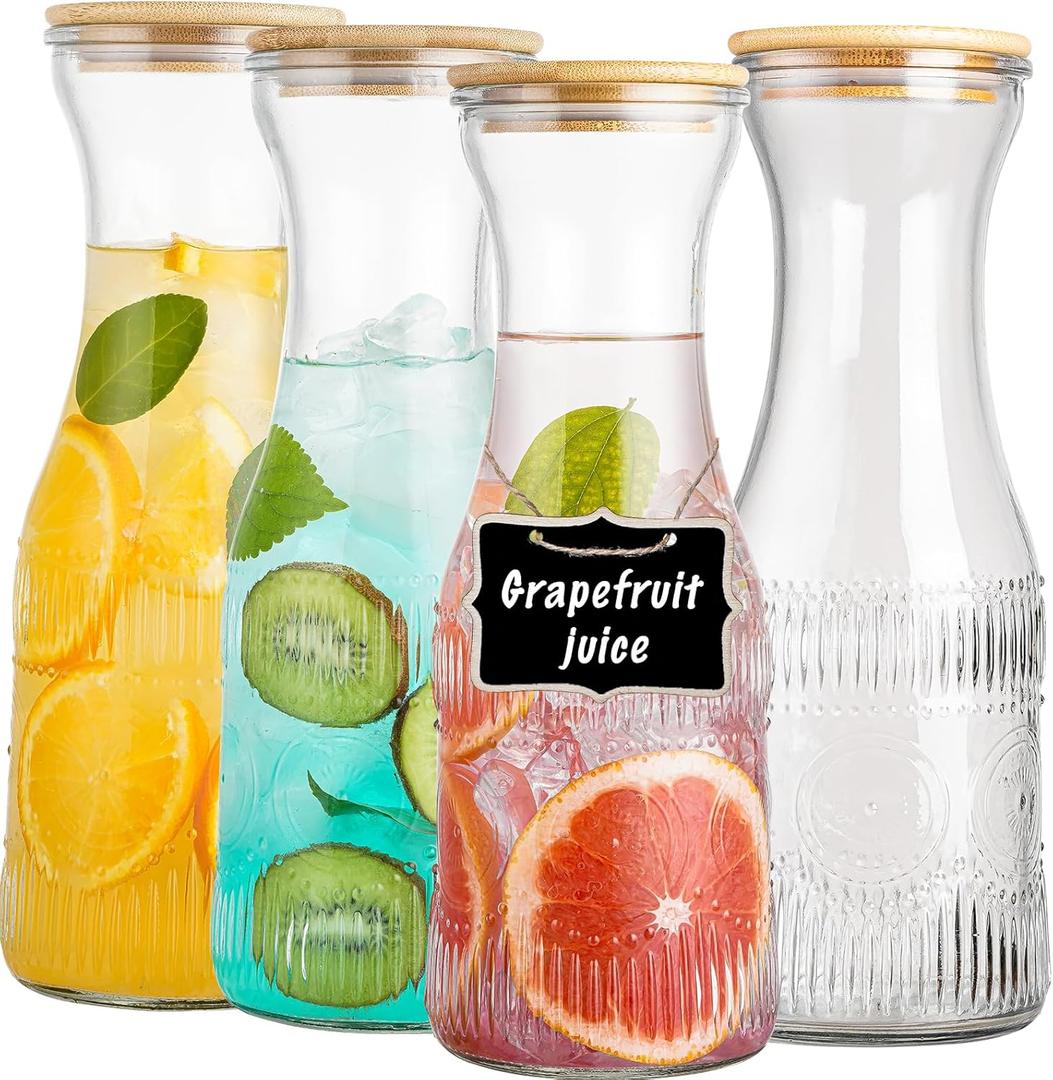 Glass Carafe Pitchers with Lids, Set of 4 1 Liter Embossed Designed Beverage Pitcher Carafe Set for Mimosa Bar, Juice Container for Brunch, Cold Water, Juice -With 4 Wooden Chalkboard Tags