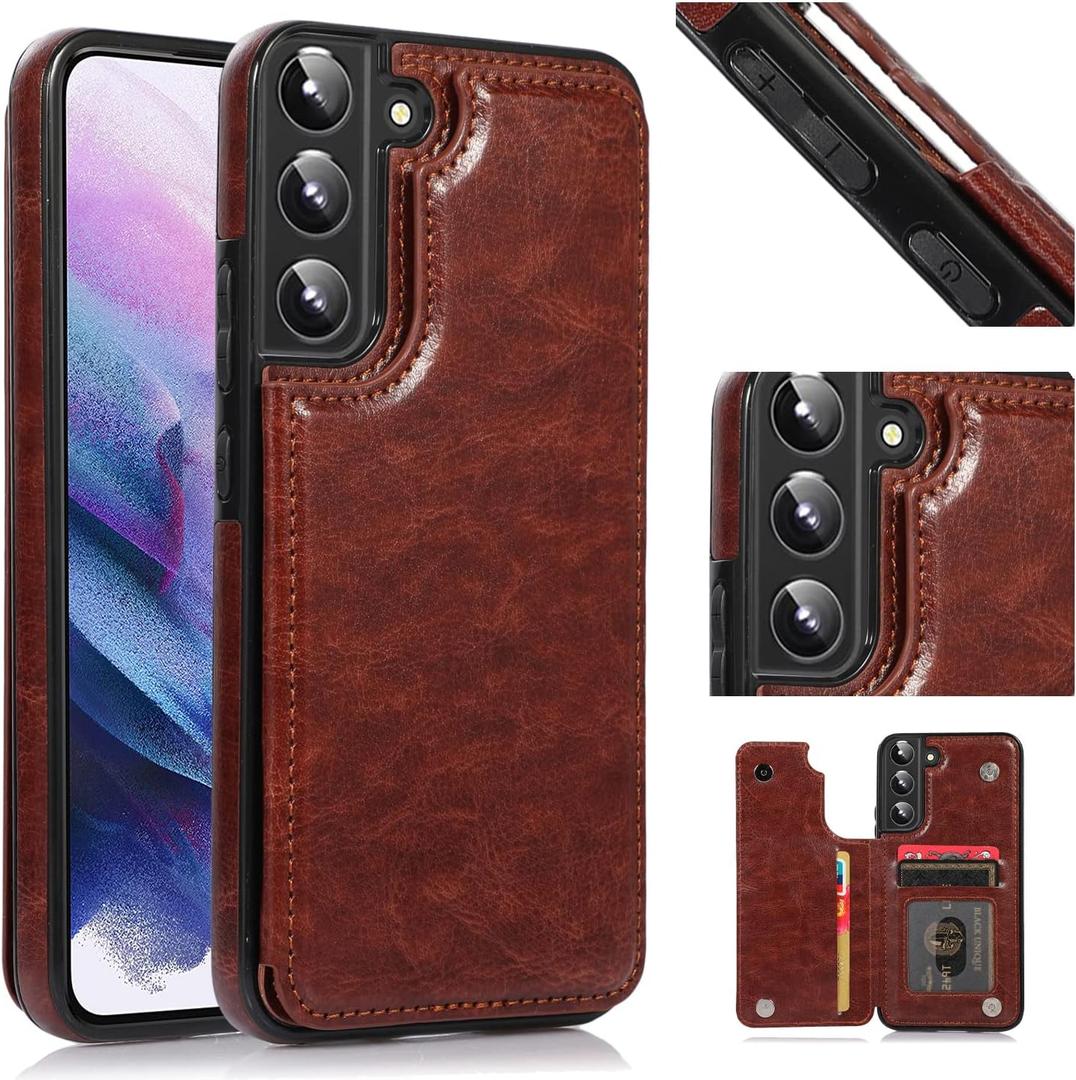 UEEBAI Wallet Case for Samsung Galaxy S23 5G, Slim PU Leather Case with Card Slots Kickstand Magnetic Clasp Durable Shockproof Flip Folio Cover - Brown