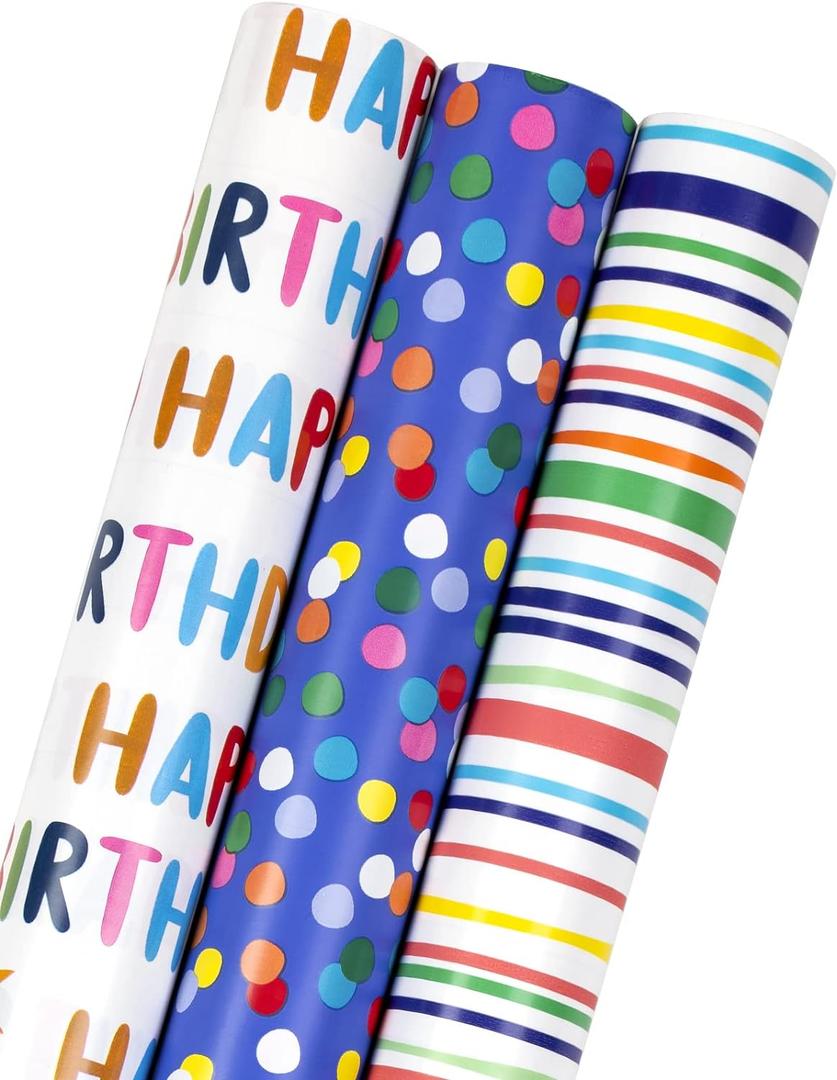MAYPLUSS Birthday Wrapping Paper Roll - Mini Roll - 17 inch X 120 inch Per roll - Polka dots, Stripes Patterns (42.3 sq.ft.ttl) (Blue)