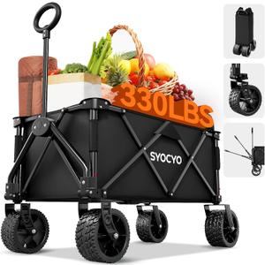 Collapsible Folding Wagon Cart, Heavy Duty Wagon Foldable with 330lbs Weight Capacity, Utility Garden Cart, Beach Wagons with All-Terrain Wheels for Camping, Sports, Shopping, Black