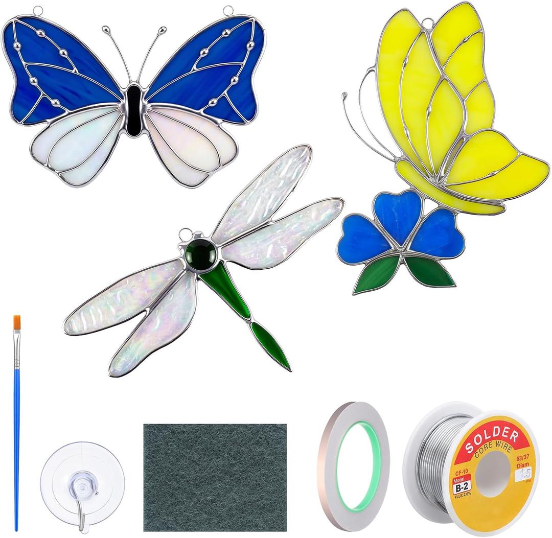 LemonRoad 3 Sets Unfinished Garden Insect Pre-Cut Stained Glass DIY Stained Glass Craft Kit with Solder Wire, Flux Brush for Adult Make Your Own Beautiful Art Handcrafts for Women Gifts Home Decor