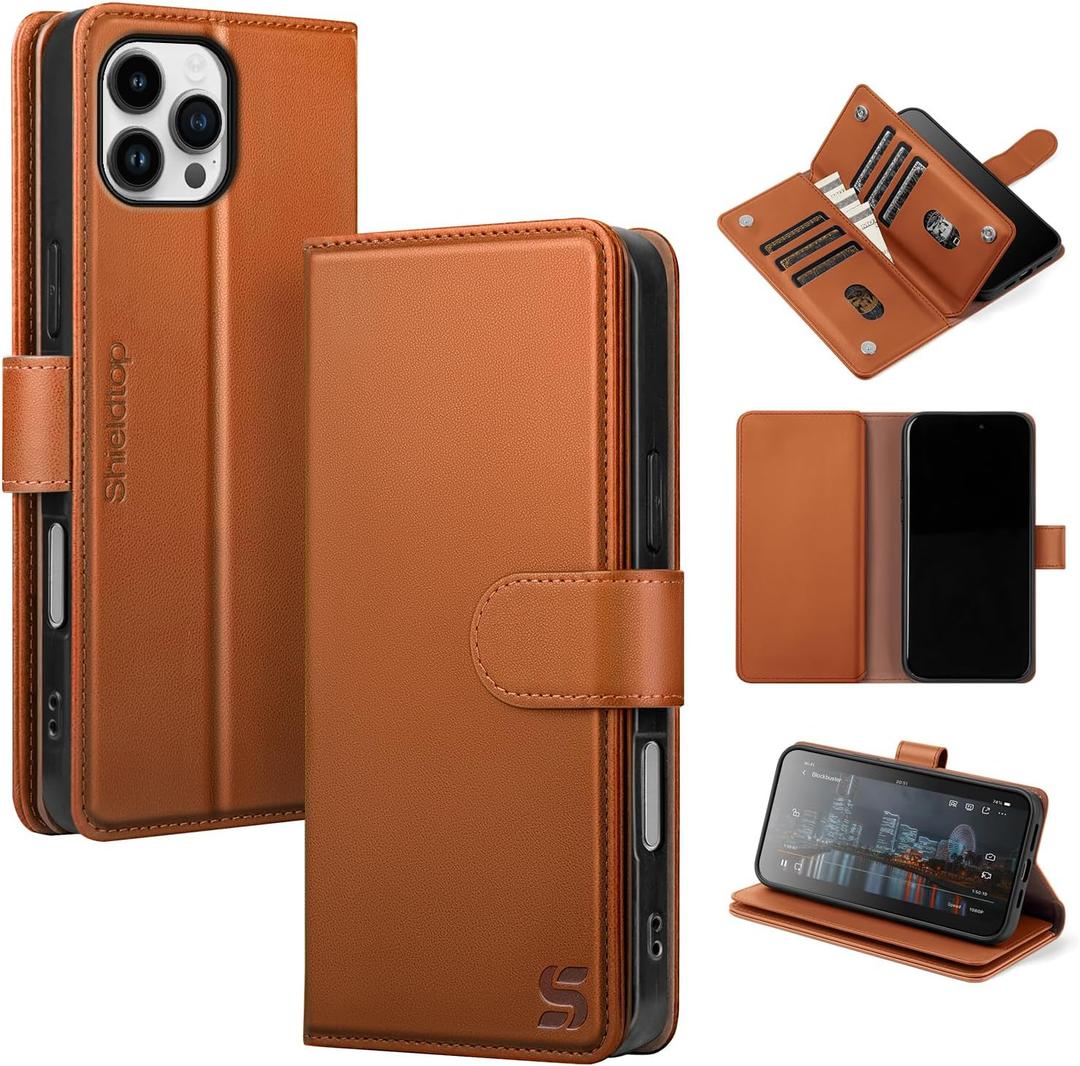 Shieldtop Compatible with iPhone 16 Pro Wallet Case with Card Holder,Women Men RFID Blocking PU Leather Folio Flip TPU Protective Cover Credit Card Slots,Phone Case for Apple 16 Pro 6.3",Light Brown