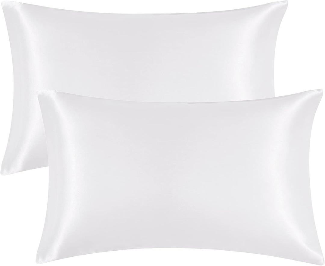EHEYCIGA Satin Pillowcase Queen Set of 2, Soft Pillowcases for Hair and Skin Similar to Silk, White Pillow Cases 2 Pack with Envelope Closure, 20X30 Inches