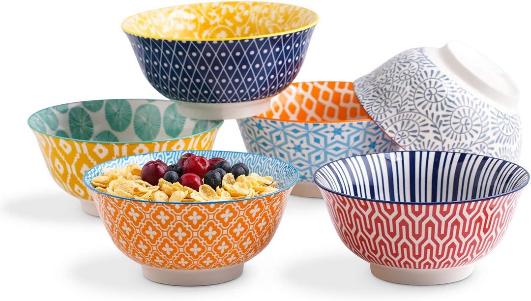 Selamica Porcelain 20oz Cereal Bowl Set - Set of 6, 6 inch Soup Bowls, Ceramic bowls for Cereal, Soup, Salad and Pasta, Colorful bowls (Assorted Colors)
