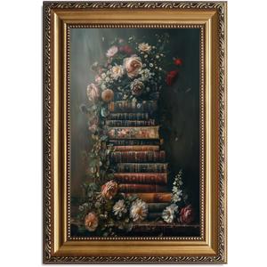 Framed Vintage Floral Wall Art - Moody Flowers Books Art Oil Painting, Vintage Wildflowers Dark Academia Floral Gallery Wall Decor Picture, Rustic Country Canvas Decor for Living Room Office 20''x30''