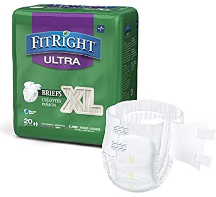 FitRight Ultra Adult Diapers, Disposable Incontinence Briefs with Tabs, Heavy Absorbency, X-Large, 57"-66", 4 packs of 20 (80 total)