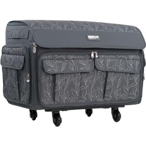 Everything Mary XXL Rolling Sewing Machine Case Grey Floral Craft Bag with 4 Wheels Compatible with Brother, Singer & Babylock Embroidery Machines Durable Storage