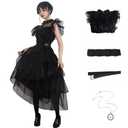 Women Vintage Goth Black Dress Costume Gothic Cosplay Girl Dance Tulle Lace Skirt Halloween Party Outfit with Necklace (M-Black)
