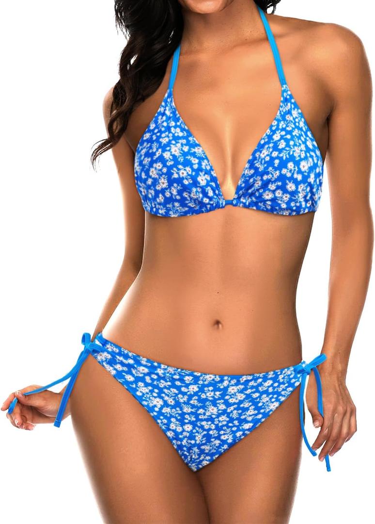 Tempt Me Women Triangle Bikini Sets Halter Two Piece Sexy Swimsuit String Tie Side Bathing Suit (Large, Blue Floral)