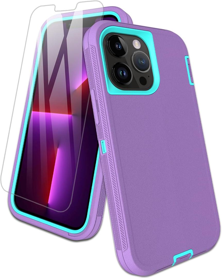 for iPhone 13 Pro Max Case, with Screen Protector, Dust-Proof Port Cover, Full-Body Non-Slip Silicone Rubber Covered, Military Grade Drop-Proof Shockproof Phone Case, Mint/Purple