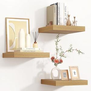 Square Floating Shelves for Wall, 12"W x 12"D x 1.2"H, 3 Pack of Small Wall Mounted Engineered Wood Shelves with Invisible Brackets for Living Room, Bedroom, Bathroom, Kitchen Decor, Oak