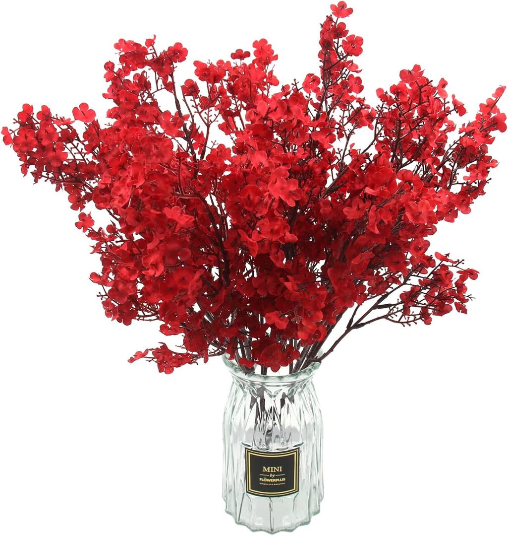 Hananona 10 Pcs Babys Breath Artificial Flowers Real Touch Fake Red Flowers Silk Plants for Christmas Home Decor Indoor Floral Arrangement Table Centerpieces Halloween Decor (Red, 10)
