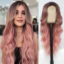 NAYOO Long Wavy Auburn Wigs for Women Middle Part Wavy Curly Wig with Dark Roots Synthetic Heat Resistant Fiber Women Wigs for Daily Party Use (Pink)