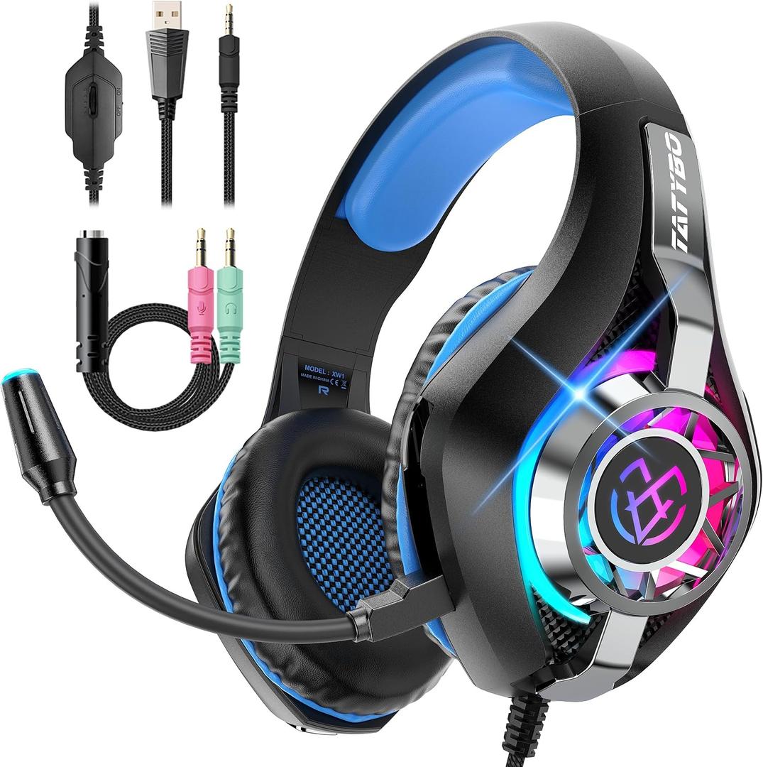 Tatybo Gaming Headset for PC, Ps5, Ps4, Switch, Mobile, Xbox Headset with Deep Bass Stereo Sound, Over Ear Gaming Headphones with Noise Canceling Mic, RGB, Ps5 Headset for Nintendo, Xbox