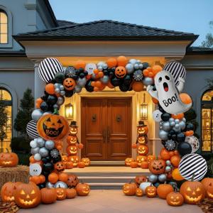 Halloween balloons arch kit Orange Black Silver ghosts print balloons and Pumpkin Monster mylar balloons forkid friendly halloween Birthday Spooky Theme Festival rick or Treat game Decorations
