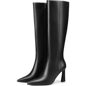 Adrizzlein Women Knee High Boots Pointed Toe Side Zipper Chunky Spool Heel Boot (7.5, Black Pu)