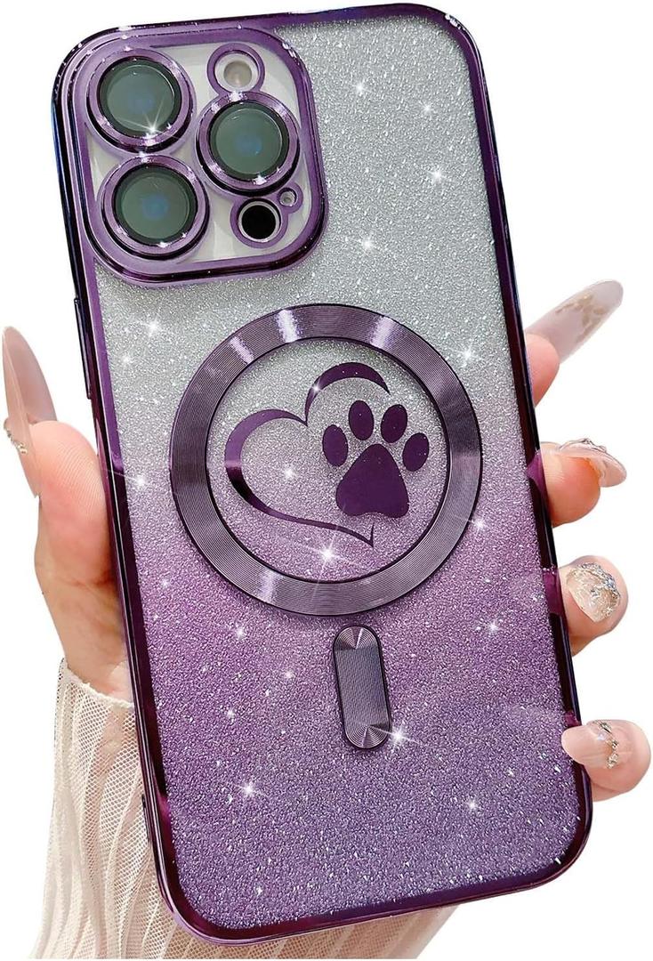 for iPhone 16 Pro Case, Glitter Clear Cute Paw Love Heart, Compatible with MagSafe, Strong Magnetic Full Camera Lens Protection Cover, Soft Slim Bling Phone Case 6.3" - Purple