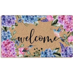 Mingnei Hydrangea Floral Coco Coir Welcome Doormat Door Mat for Home House Entrance, Summer Colorful Hydrangea Floral Botanical Bird Floor Mats for Outdoor Outside Entryway 30x17 Welcome Mat