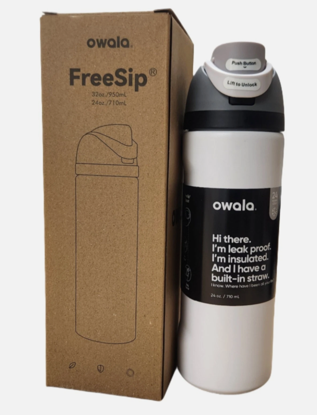 Owala FreeSip Insulated Stainless Steel Water Bottle with Straw, BPA-Free Sports Water Bottle, Great for Travel, 24 Oz, White, Black Lid