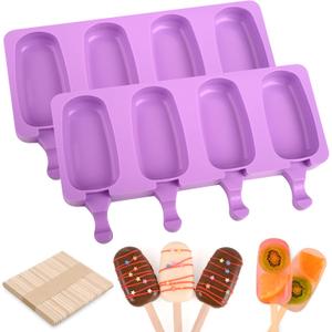 Popsicle Silicone Molds Set, 2 PCS Ice Cream Molds with 50 Wooden Sticks for Cake Pop, Ice Pop, Cakesicles (Standard Size/Purple)