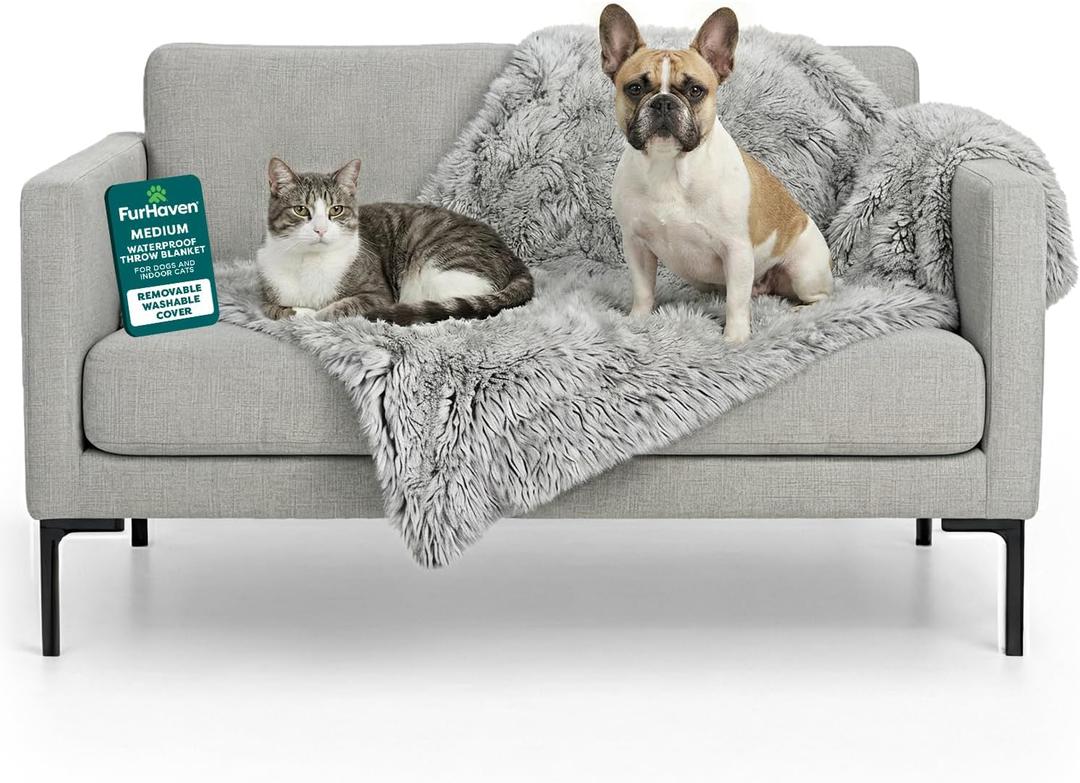 Furhaven Waterproof Throw Blanket for Dogs & Indoor Cats, Washable - Shaggy Plush Calming Long Faux Fur & Velvet Dog Blanket - Mist Gray, Medium