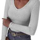 GKBK Women Long Sleeve V Neck Ribbed Knit Slim Fitted Shirts Basic Tee Cute Tshirts Going Out Tops 2025 Fall Winter Casual T Shirts Blouse Outfits Work Fashion Trendy Clothe Grey S