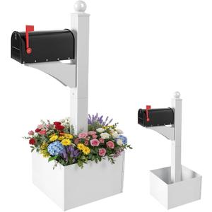 Colingmill White and Black Iron Mailbox Posts with Mailbox and Planter Box for Outside Decorative Ground Mounting Post 56 Inch / 4.6 ft Tall Heavy Duty Stand for Outdoor Use