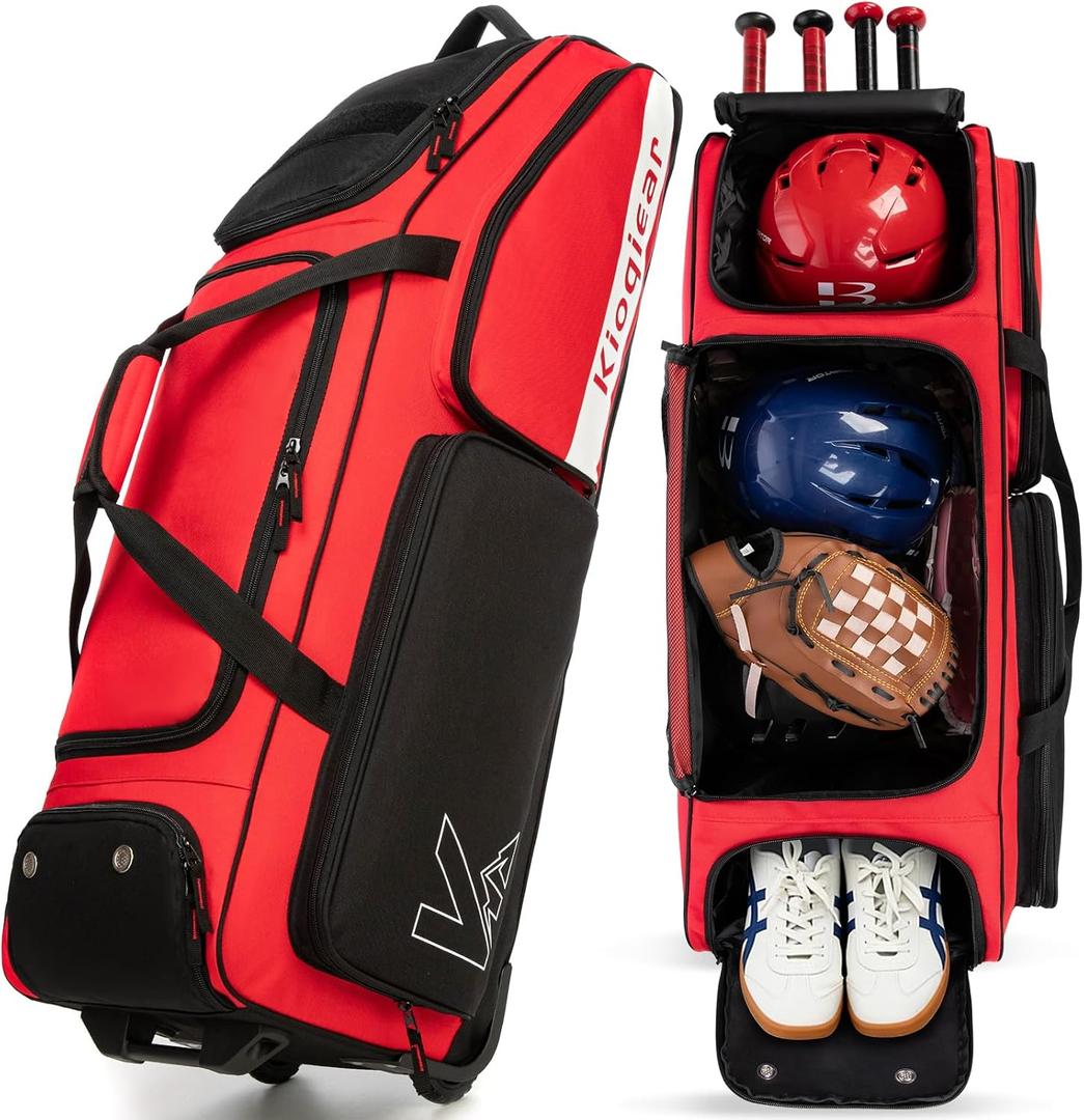 Catchers Gear Bag with Wheels for 4 Bats, Rolling Baseball Softball Bag With Multi-Pockets, Fence Hook, Holds All Baseball Equipment.