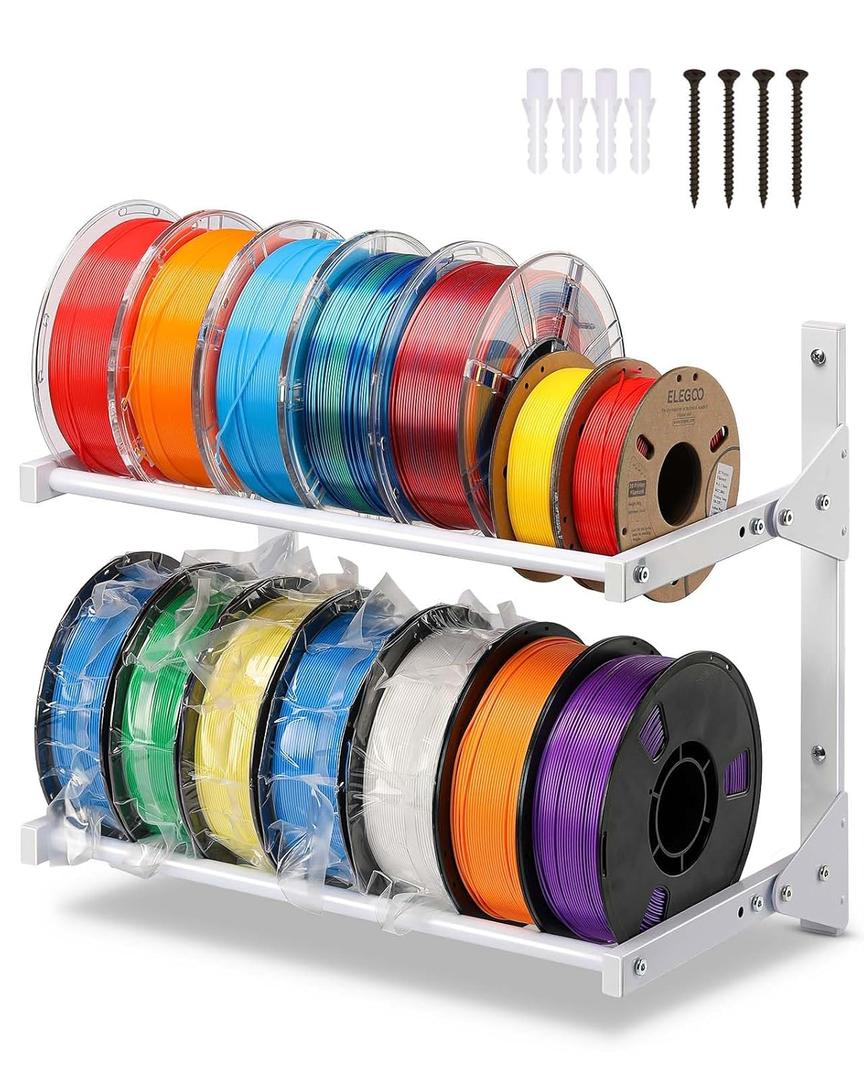 Wall Mount Filament Storage Rack- Wall Mount 3D Printer Filament Storage Rack 2 Tier Filament Spool Holders Racks, Heavy Duty Metal Shelf for PLA/ABS/TPU, Filaments Organized (White)