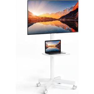 PERLESMITH Rolling White TV Stand for 23–65 Inch TVs up to 99 lbs, Portable TV Stand on Wheels with Height Adjustable Shelf, Outdoor Mobile White TV Cart for Bedroom, Max VESA 400x400mm, PSTVMC04W