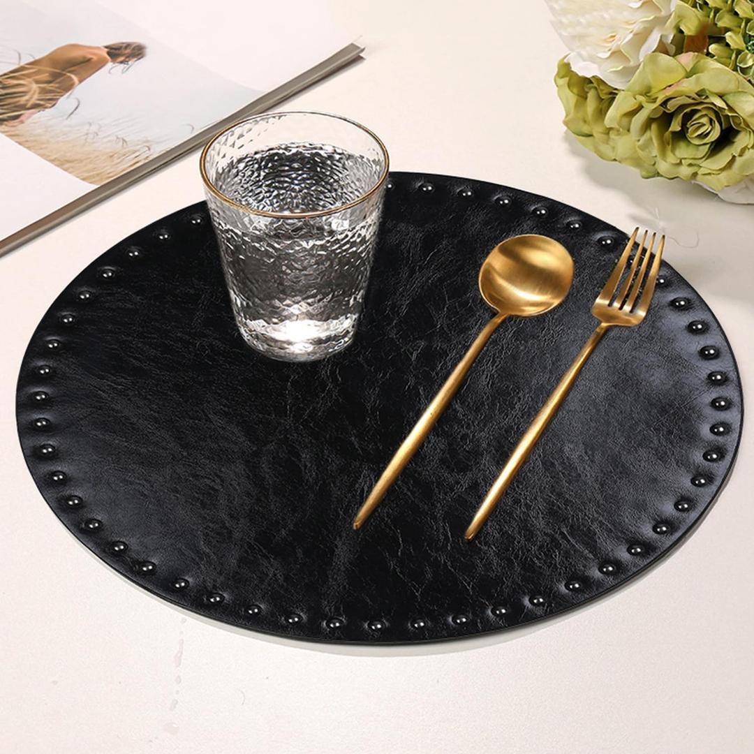 FAVE Black Faux Leather Placemats 13.78Inches Round Placemat Set of 4 Heat Resistant Place Mats with Rivets Placemat for Wedding, Banquet, Birthday, Party, Restaurant (Black)