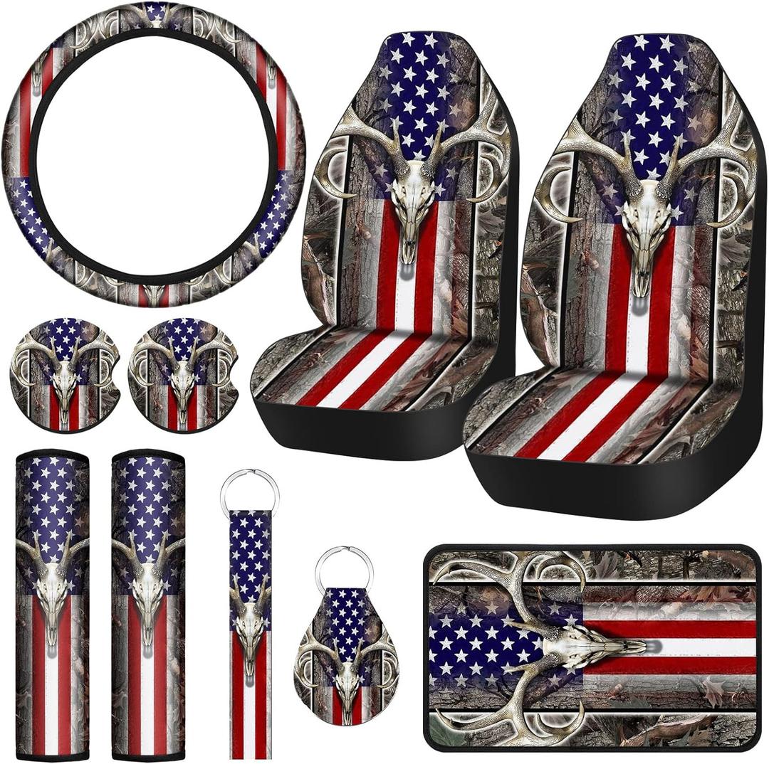 Frienda 10 Pcs American Flag Wood Deer Skull Camo Car Accessories Set 4th of July Patriotic Seat Covers Steering Wheel Cover Keyring Cup Holder Armrest Pad Seat Belt Pads Wrist Strap for Truck