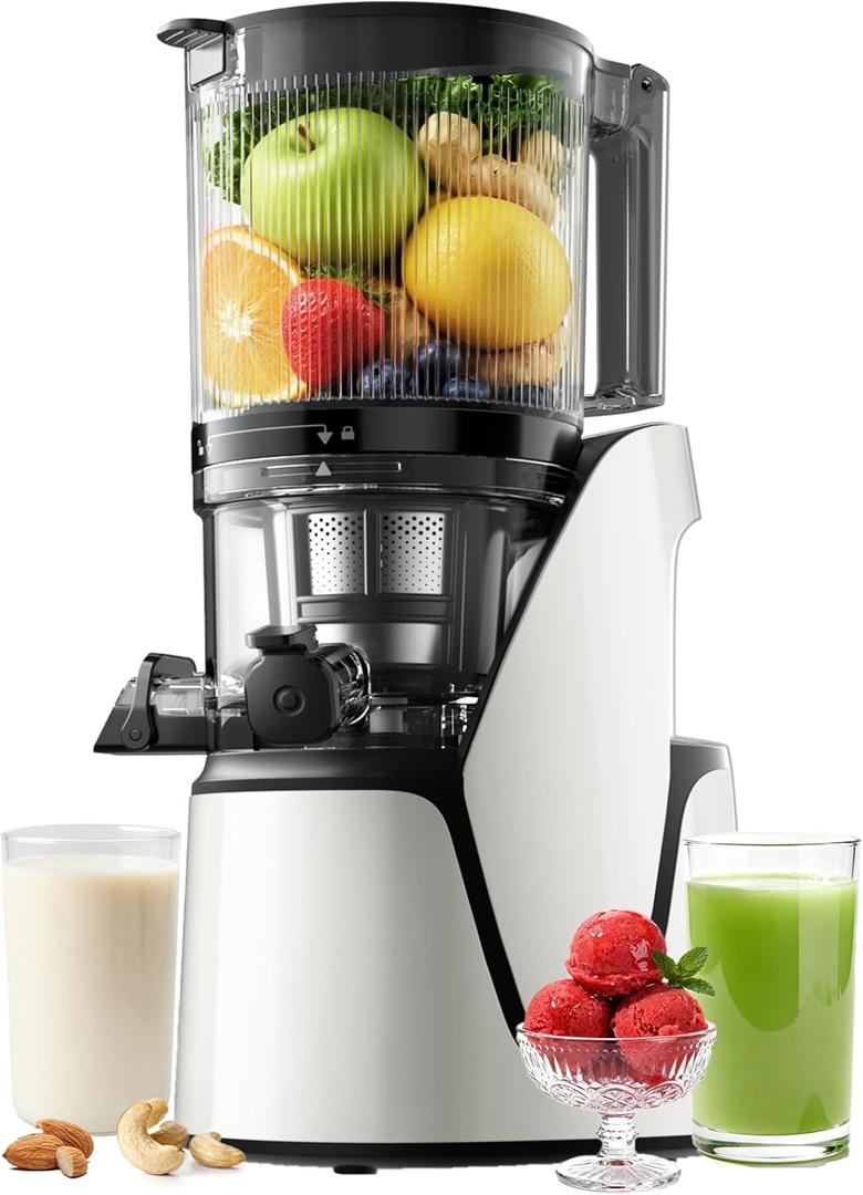 Juicer Machines, 3-in-1 Cold Press Juicer with 6.5" Extra Large Chute, 100oz Large Capacity, AC Motor, Makes Juice, Nut Milk & Sorbet, Bright White