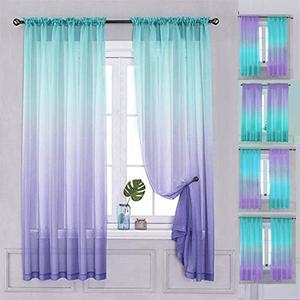 Yancorp Semi Bedroom Curtains 63 inch Length Sheer Rod Pocket Curtain Linen Teal Turquoise Purple Ombre Girls Living Room Mermaid, 1 Panel(Turquoise Purple, 40"x63")