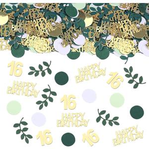 Sage Green 16th Happy Birthday Confetti, 16th Birthday Table Decorations Scatter Green Gold Foil Cake Confetti Decorations for 16 Bday Girls Boys Party Decor 230 Pcs