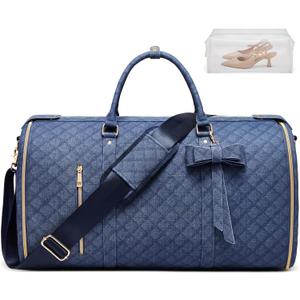 Garment Bags for Travel, Convertible Suit Travel Bag for Women, Stylish Carry On Garment Bag with Toiletry Pocket, Shoulder Strap & Shoes Compartment, 2 in 1 Foldable PU Leather Duffle Bag, Navy Blue