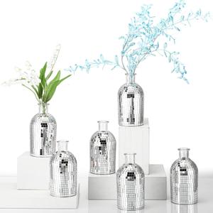 6 Pcs Disco Ball Mini Vase for Flower and Plant 5in Small Glass Bud Vase Disco Ball Planter Silver Mirror Vase for Indoor Outdoor Wedding Birthday Home Bedroom Kitchen Office Decoration