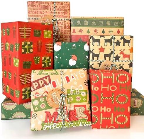 Layninder Christmas Wrapping Paper, 8 Sheets Vintage Kraft Wrapping Paper w/Tags Stickers Rope, Xmas Paper w/Santa Reindeer Merry Christmas, Gift Paper for Holiday (27.6x19.7in, Folded),Set of 2