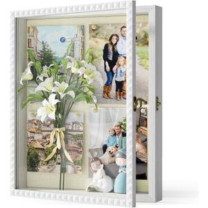 SZQINJI Shadow Box Frame 13x16 Deep Memory Box White Shadow Boxes Display Cases Large with Front Opening Vintage Lock Diamond Shape Door for Wedding Graduation Baby Flower Pet Memorial Keepsakes White